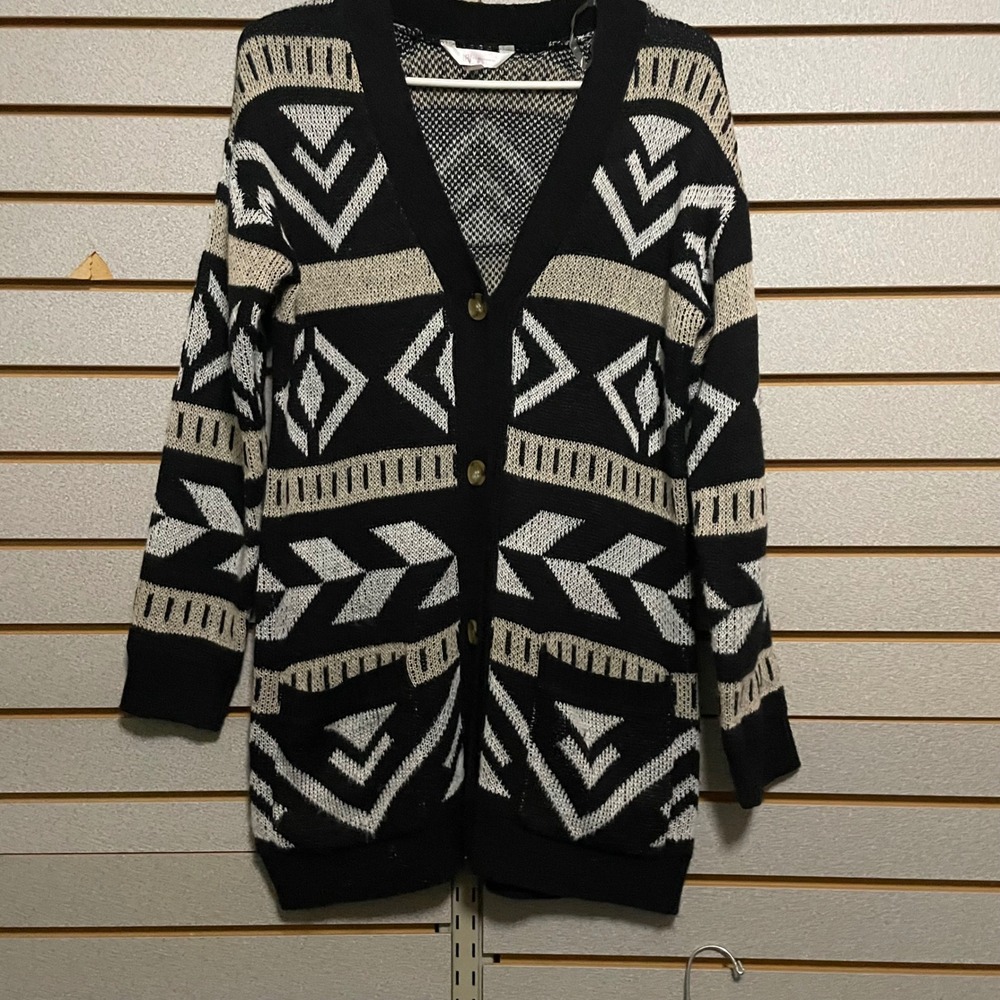 No Boundaries Womens Black Aztec Geometric Knit Cardigan Sweater Size S